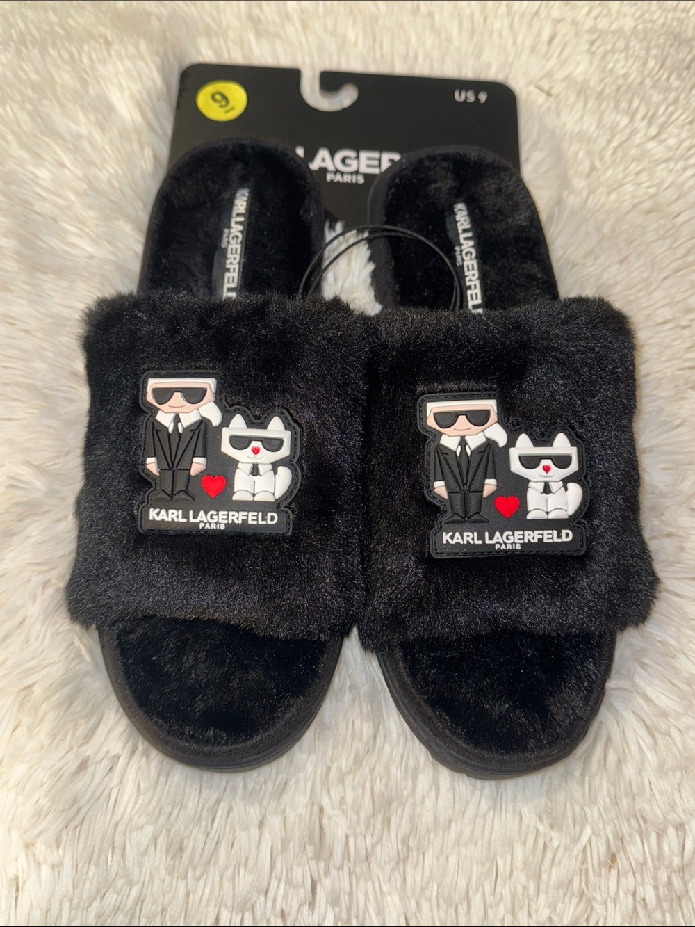 Karl Lagerfeld Black Plush Logo Patch Slide Sandals